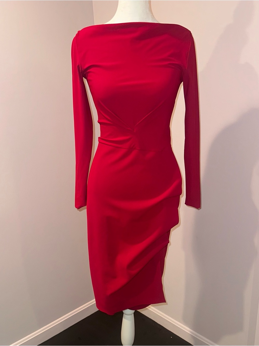 Chiara Boni Crimson Long-Sleeve Boatneck Sheath Dress